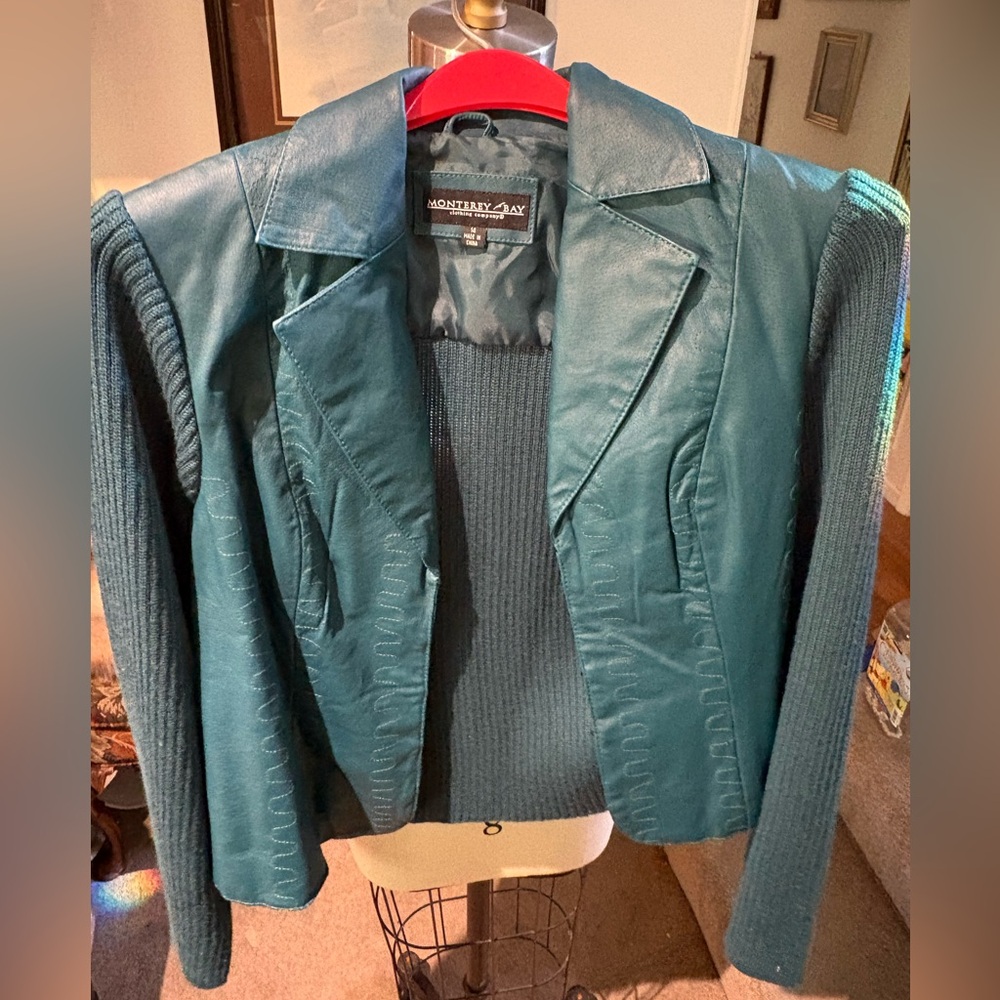 Monterey Bay Teal Leather Knit Sleeve Zip Blazer Jacket Size 14